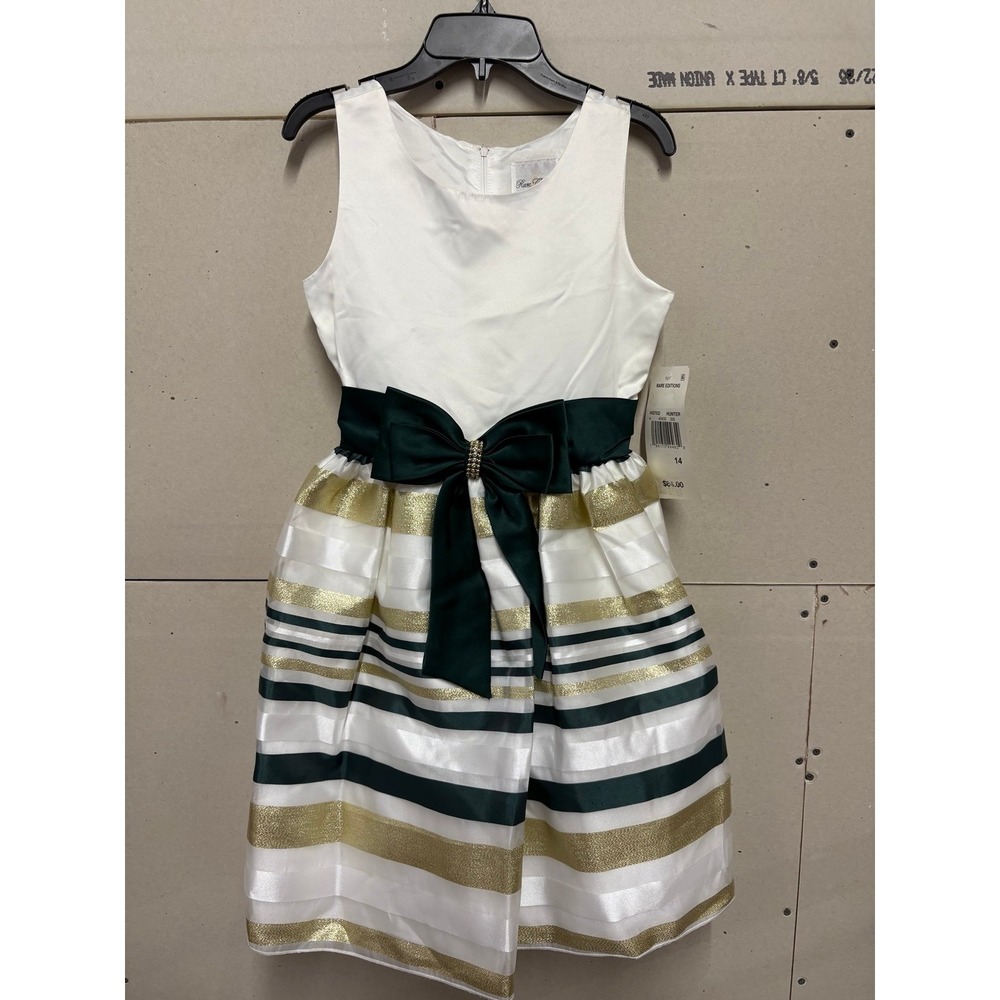 NWT Rare Editions Girls Size 14 Green & Gold Stripe Christmas/Holiday Dress